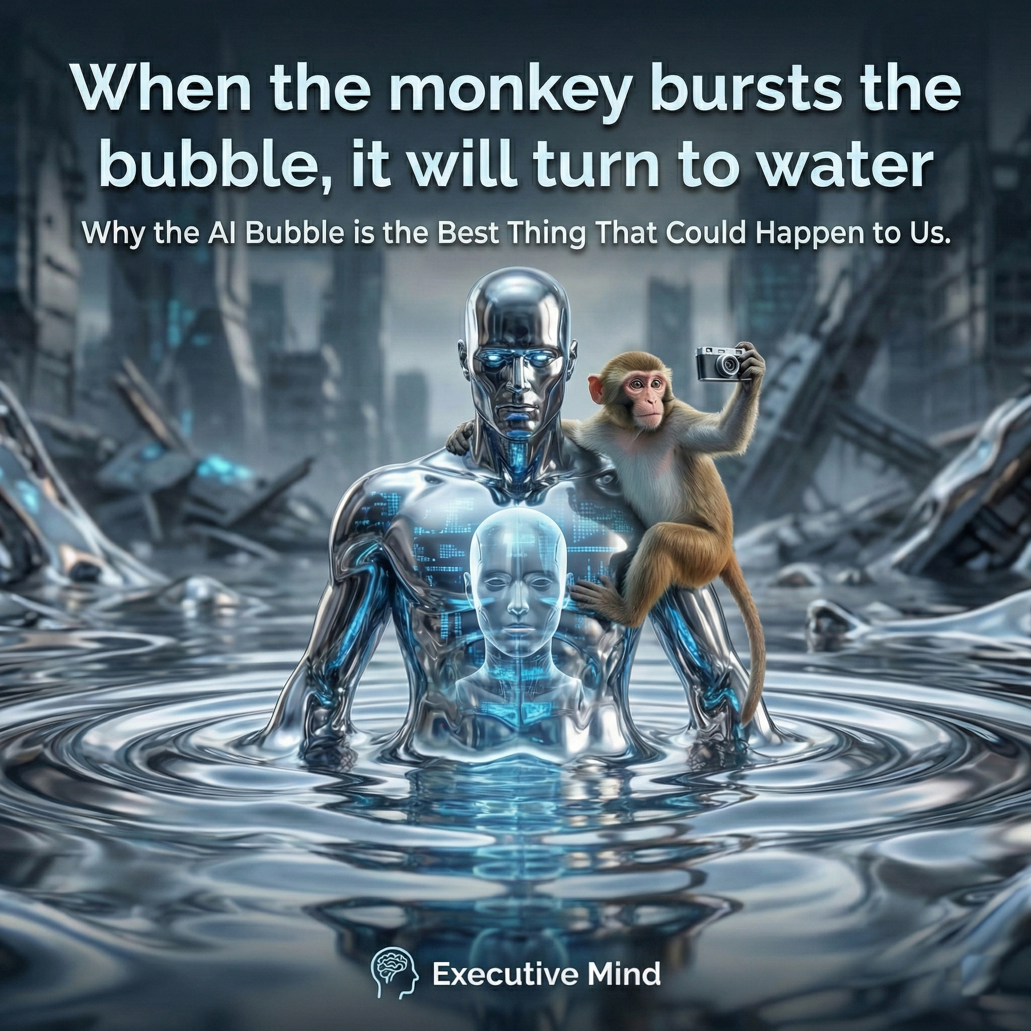 A bursting digital AI bubble turning into liquid metal droplets